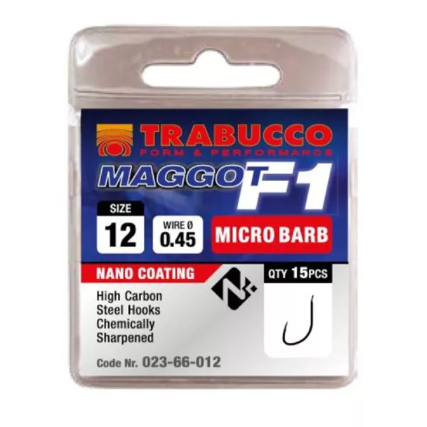 Trabucco F1 Maggot 14 à œillet, Hameçon barbelé 15 pièces