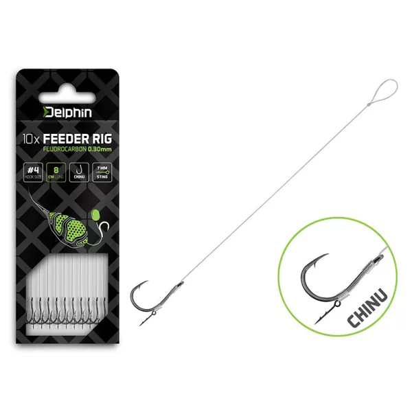 Delphin Fluoro Sting Feeder Rig 12cm Fluorocarbon Bas de ligne pré-noué 8 hameçon Chinu 10pcs