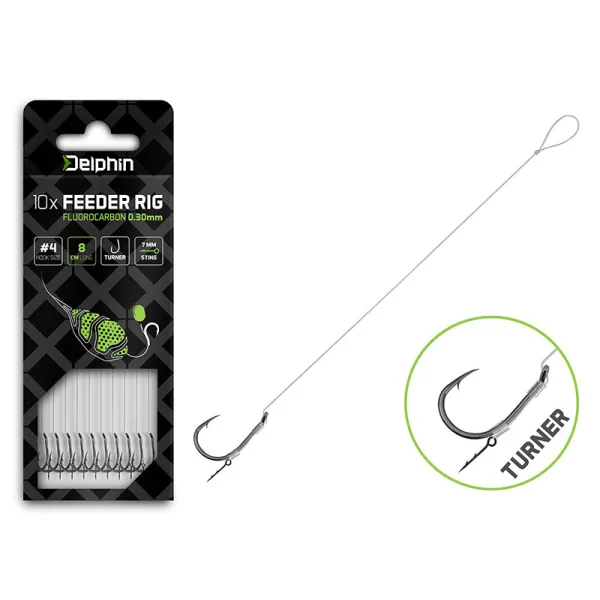 Delphin Fluoro Sting Feeder Rig 8cm Fluorocarbone Bas de ligne prémonté 6 Hameçon Turner 10 pièces