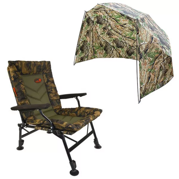 Carp Expert Comfort Camo Chaise de pêche & Demi-abri - avec Parapluie de 250cm