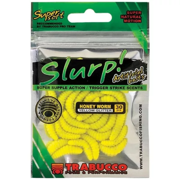 Trabucco Slurp Bait Honey Worm Paillettes Jaunes, Larve d'abeille Jaune 30db