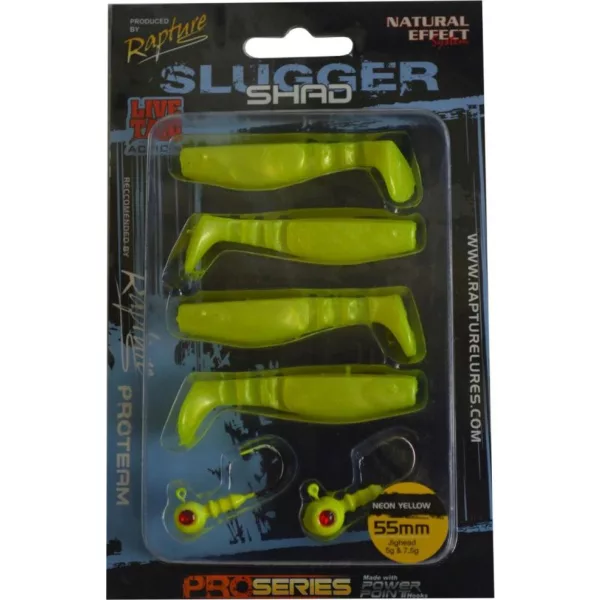 Rapture Kit Leurre souple Slugger Shad 5,5cm Jaune Néon 4+2 pièces Kit de leurres artificiels