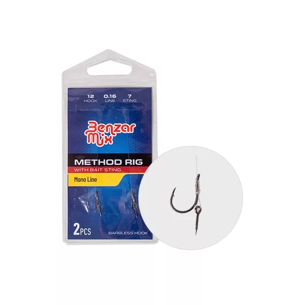 Hameçon Benzar Method noué taille 8 sur ligne monofilament avec pique à appât de 10 mm