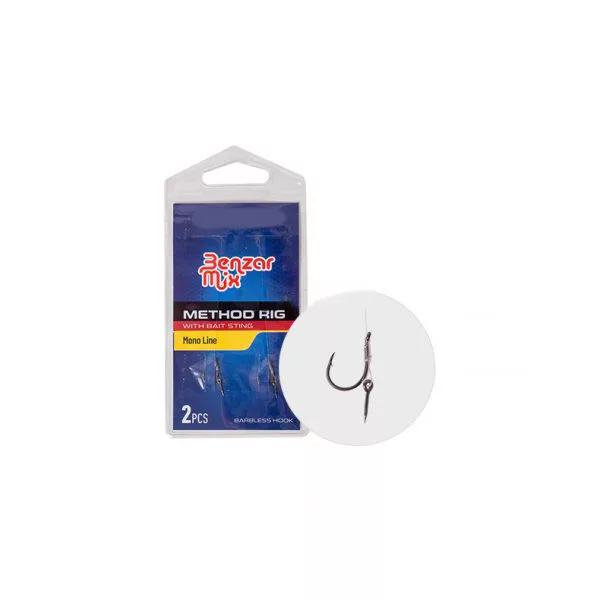 Hameçon Monté Benzar Method Taille 8 (Sans Ardillon) sur Fil Monofilament avec Ardillon d'Appât de 10mm