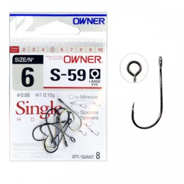 Owner 51580 S-59 10 Hameçon à barbillon, à œillet, simple pour poissons carnassiers 8pcs