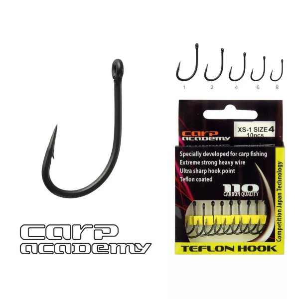 Carp Academy Teflon Hook XS-1 Noir 2 10 pièces/paquet À œillet Barbelé Hameçon à bouillette