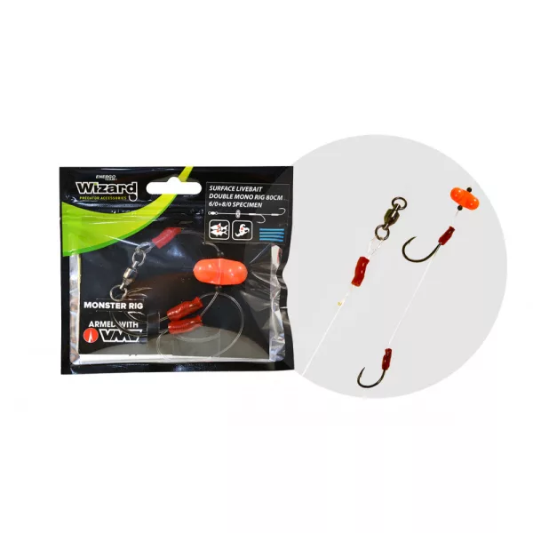 Wizard Monster Surface Livebait Double Mono Rig 6/0+8/0 Specimen 80cm Bas de ligne monofil double hameçon