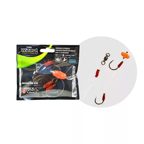 Wizard Monster Surface Livebait Double Mono Rig 7/0+9/0 Classic 80cm Bas de ligne monofil double hameçon