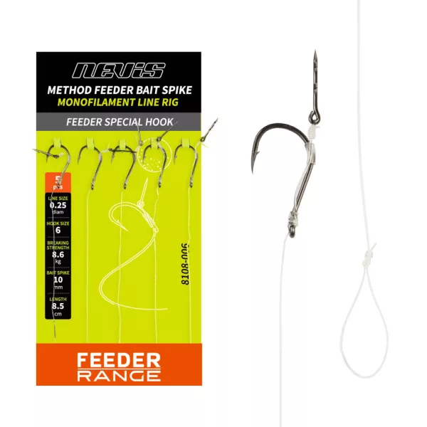 Nevis Feeder Monofil 8 Füles, Szakállas Előkötött Horog Csalitüskével 5db