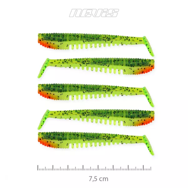 Nevis Impulse Shad 7,5cm 3,05gr 5pcs/paquet Vert-Orange Paillettes Leurre en plastique