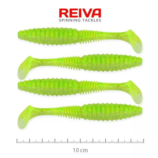 Reiva Zander Power Shad 10cm 7,05gr 4 pièces/paquet (Fluo Vert Paillettes I.) Leurre en plastique