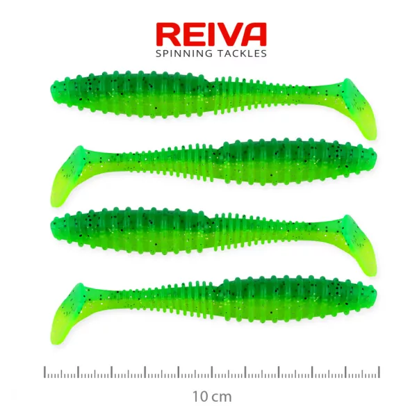 Reiva Zander Power Shad 10cm 7,05gr 4 pièces/paquet (Paillettes vertes) Leurre souple en plastique