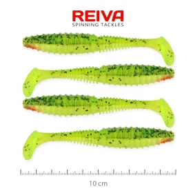   Reiva Zander Power Shad 10cm 7,05gr 4 pièces/paquet (Paillettes Vert-Orange) Leurre souple en plastique