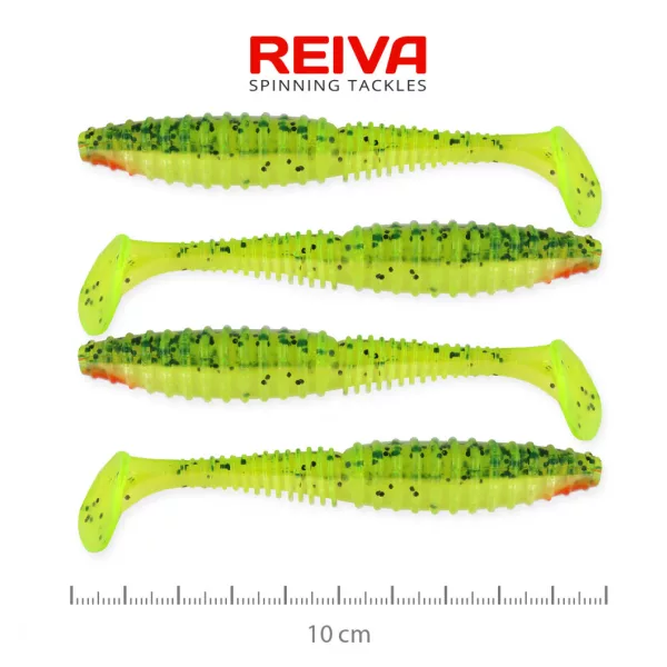 Reiva Zander Power Shad 10cm 7,05gr 4 pièces/paquet (Paillettes Vert-Orange) Leurre souple en plastique