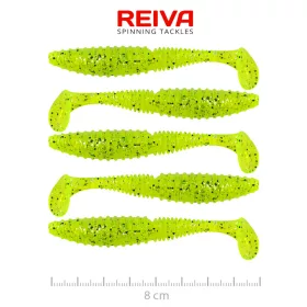  Reiva Zander Power Shad 8cm 3,18gr 5 pièces/paquet (Paillettes Vert Fluo II.) Leurre souple en plastique