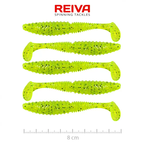 Reiva Zander Power Shad 8cm 3,18gr 5 pièces/paquet (Paillettes Vert Fluo II.) Leurre souple en plastique