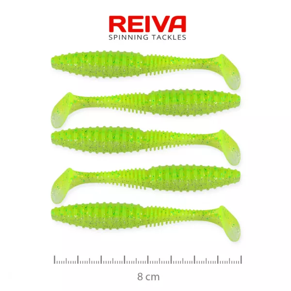 Reiva Zander Power Shad 8cm 3,18gr 5 pièces/paquet (Paillettes Vert Fluo I.) Leurre souple en plastique