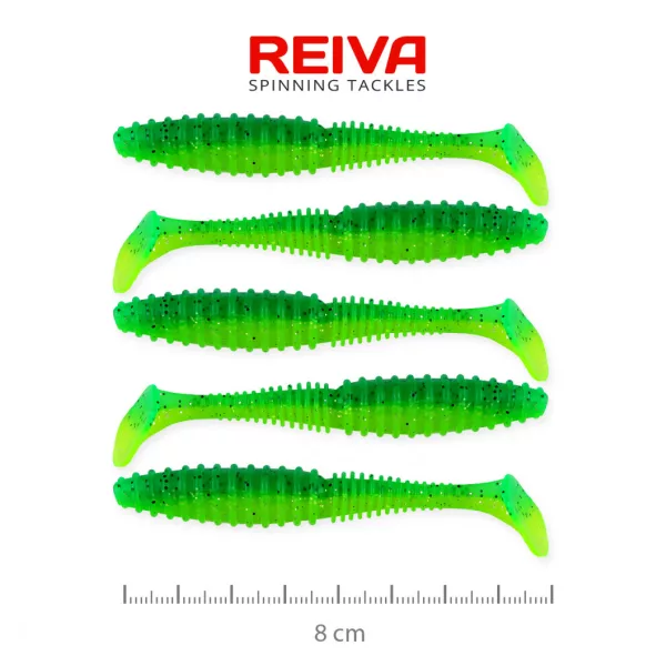 Reiva Zander Power Shad 8cm 3,18gr 5 pièces/paquet (Paillettes vertes) Leurre souple en plastique
