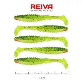   Reiva Zander Power Shad 8cm 3,18gr 5 pièces/paquet (Paillettes Vert-Orange) Leurre souple en plastique