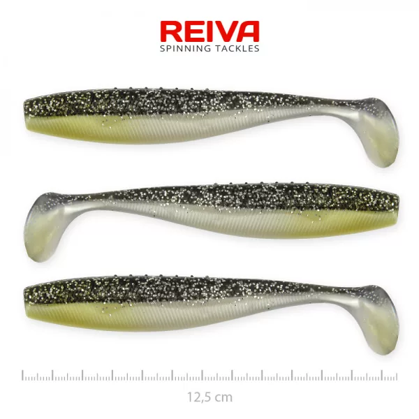 Reiva Flat Minnow shad 12,5cm 3 pièces/paquet (Noir-Argent Paillettes) Leurre en plastique