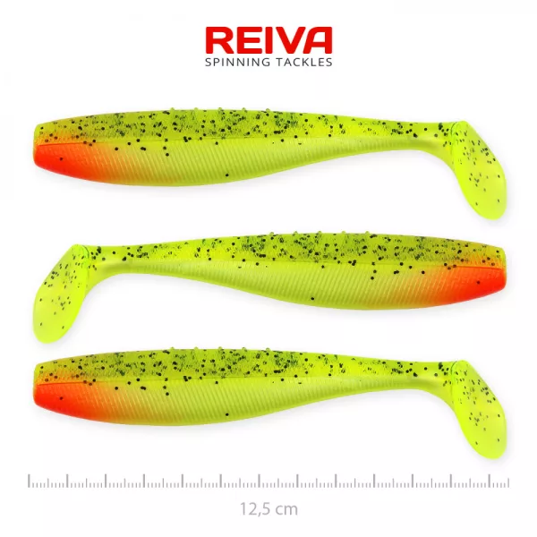 Reiva Flat Minnow shad 12,5cm 3 pièces/paquet (Vert-Rouge Paillettes) Leurre en plastique