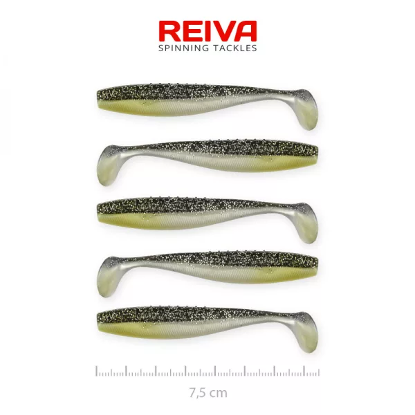 Reiva Flat Minnow shad 7,5cm 5 pièces/paquet (Noir-Argent Paillettes) Leurre en plastique