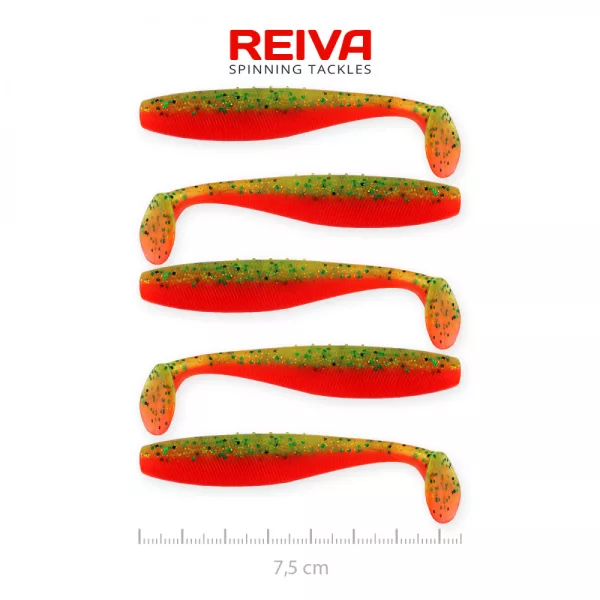 Reiva Flat Minnow shad 7,5cm 5 pièces/paquet (Vert-Orange Paillettes) Leurre en plastique