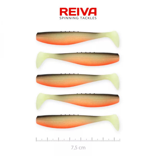 Reiva Flat Minnow shad 7,5cm 5 pièces/paquet (Noir-Blanc-Orange) Leurre en plastique
