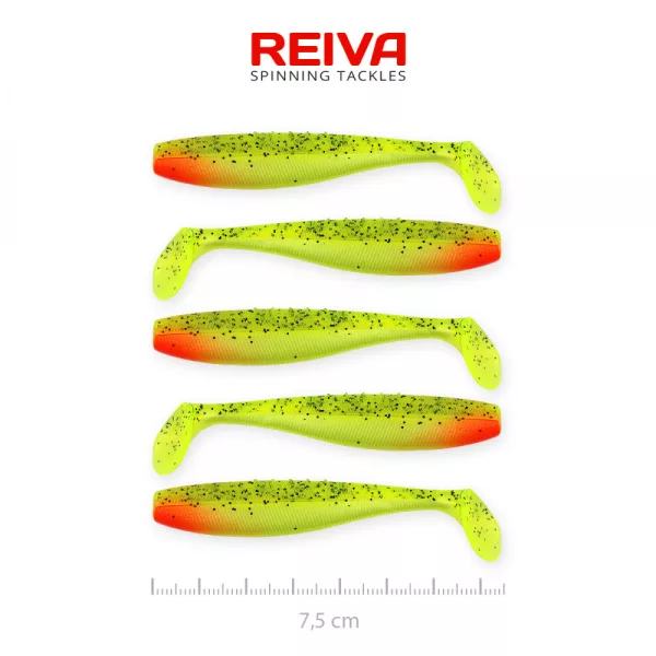Reiva Flat Minnow shad 7,5cm 5 pièces/paquet (Vert-Rouge Paillettes) Leurre en plastique