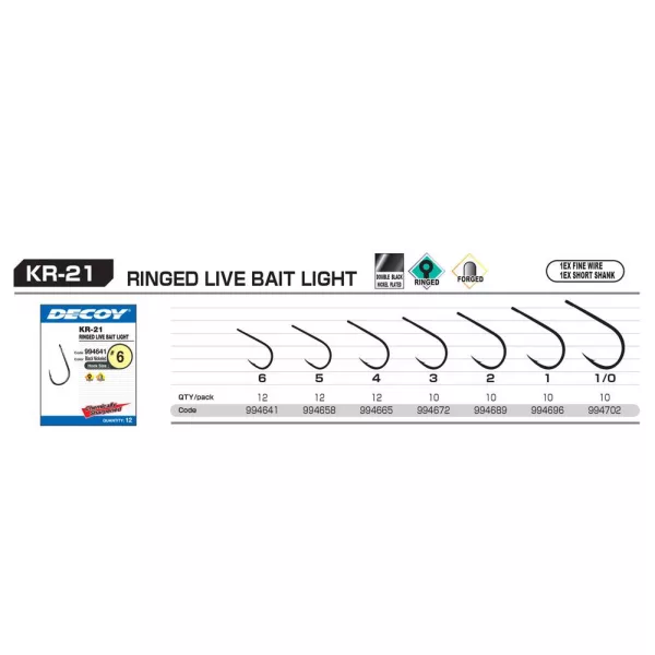 Decoy KR-21 Round Live Bait Light 3 Füles Szakállas Egyágú Ragadozóhalas Horog 12db