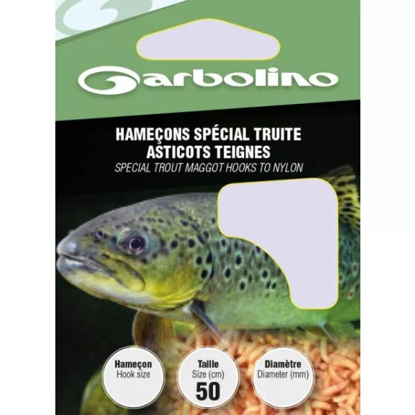 Garbolino Trout Maggot Hooks To Nylon 14 Hameçon à palette, barbelé, monofilament pré-monté 10 pièces