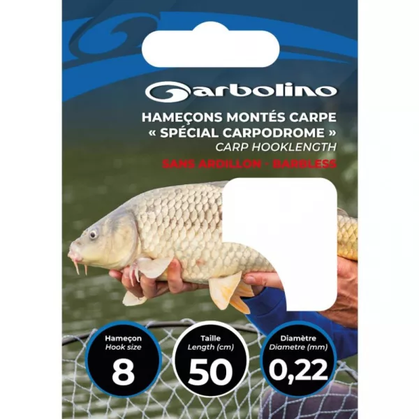 Garbolino Hameçon Monté Spécial Carpodrome 0,20mm 50cm Monofilament Sans Ardillon 10 Plaquettes 10 pièces