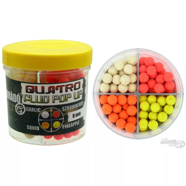 Haldorádó Quatro Fluo Pop Up Boilies 8 mm / 4 saveurs dans une boîte