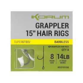   Korum Grappler Hair Rigs 38cm 8 Hameçon monofil prémonté à œillet sans ardillon
