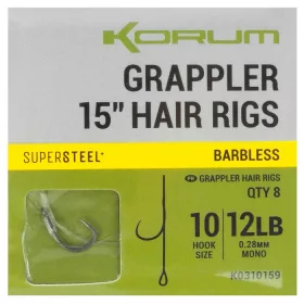   Korum Grappler Hair Rigs 38cm 10 Hameçon monofil prémonté à œillet sans ardillon