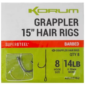   Korum Grappler Hair Rigs 38cm 10 Hameçon monofil prémonté à ardillon et à œillet