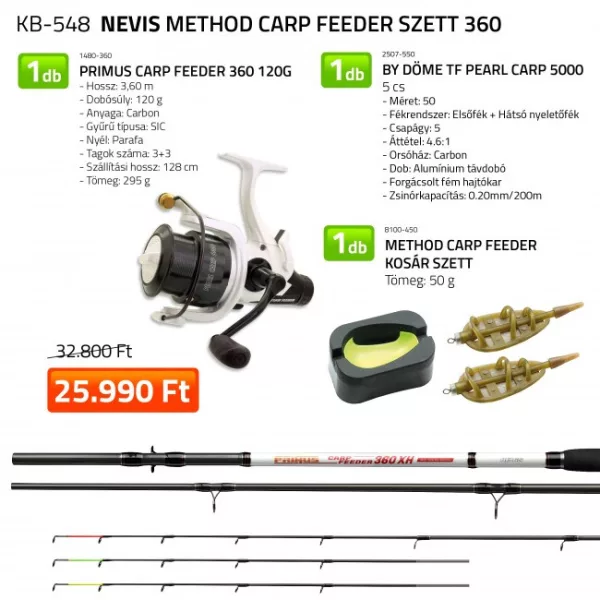 Set de pêche Nevis Canne Primus Carp Feeder 360 120gr avec Moulinet By Döme TF Pearl Carp 5000 et Set de paniers Method Carp Feeder