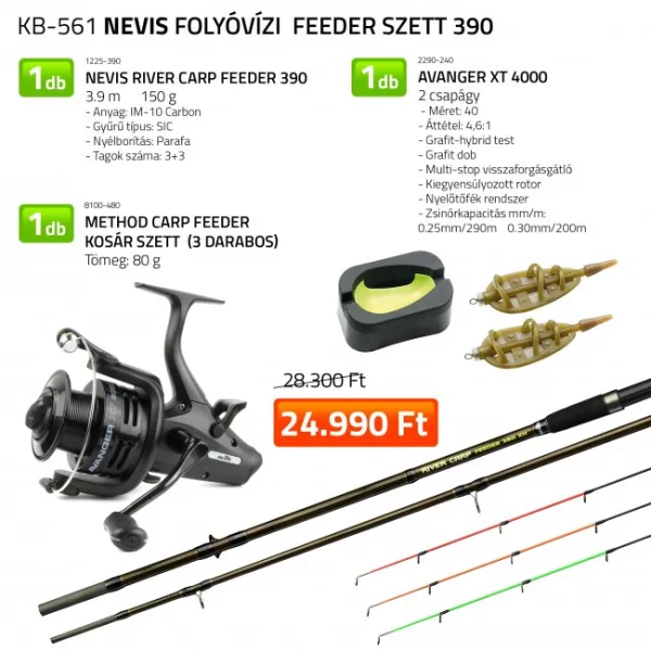 Nevis River Carp Feeder 390 Canne avec moulinet Avanger XT 4000, avec un kit de paniers Method Carp Feeder (3 pièces), Ensemble de pêche