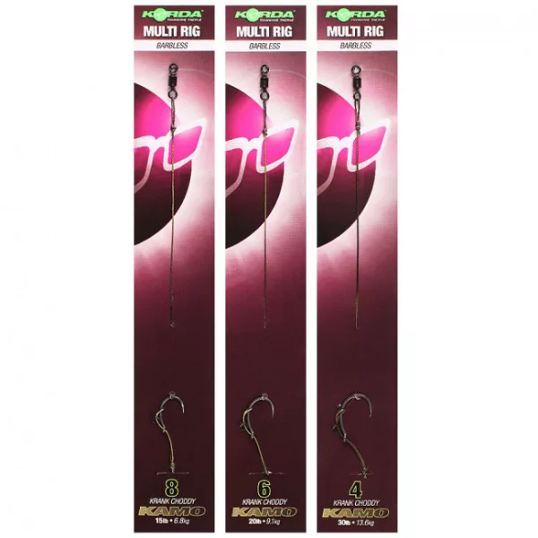 Korda Multi Rig taille 8 Barbless Krank Choddy, Kamo 30lb - hameçon de pêche à la carpe sans ardillon pré-noué