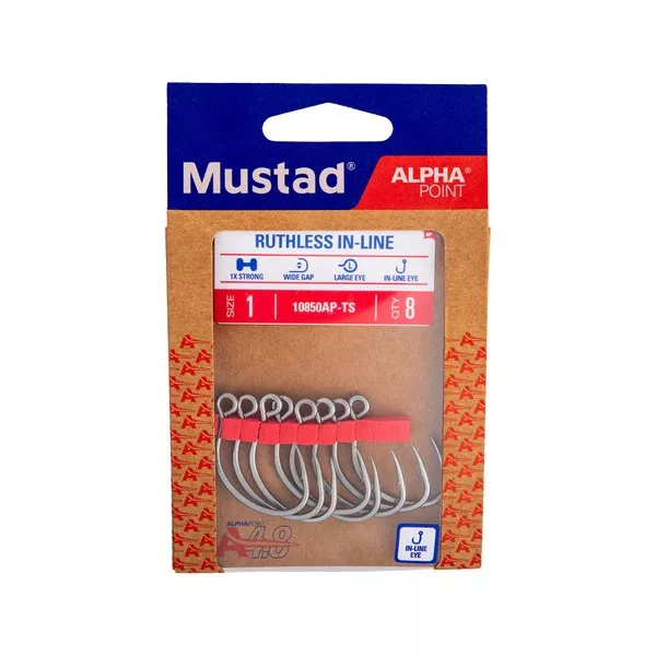 Mustad Ruthless In-Line Titan Steel 5/0 Hameçon à œillet, barbelé pour lancer 10pcs