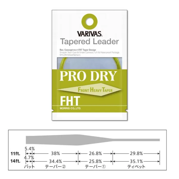 Varivas Bas de ligne Conique Tapered Leader Pro Dry FHT 4X 3,35m 0,165-0,42mm Bas de ligne de pêche à la mouche
