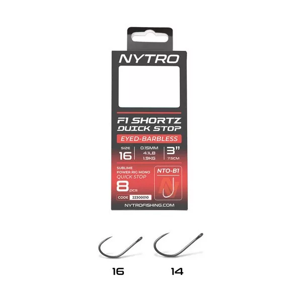 Nytro NTO-B1 16 0,15mm 7,5cm Előkötött Füles, Szakáll Nélküli Quick-Stop Horog 8db
