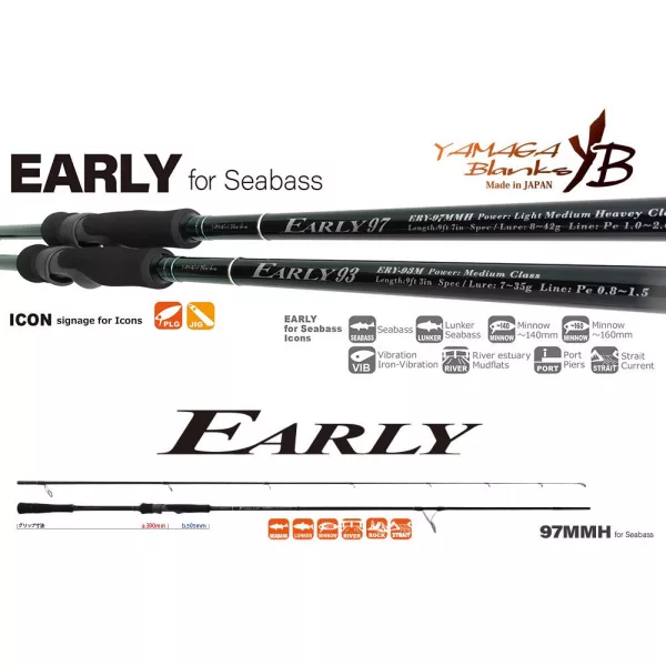 Yamaga Blanks Early Seabass 97MMH 2,92m 8-42gr Canne spinning en 2 brins